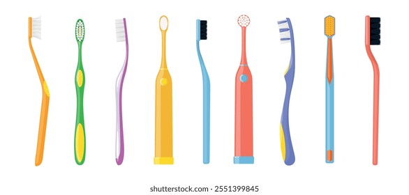 Conjunto de cepillos de dientes y cepillos de dientes eléctricos en estilo de dibujos animados. Ilustración vectorial de diferentes cepillos de dientes con cerdas, Botones de temporizador aislados sobre fondo blanco. Cuidado bucal. Vista lateral y frontal.