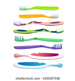 Set of toothbrushes: electric, children's, plastic, multicolored. Vector collection for dental services design, health care, caries and plaque protection.
