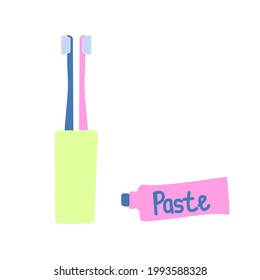 Set of toothbrushes in glass and toothpaste. Hand drawn dental cleaning tools. Doodle clip arts isolated on white background. Cartoon vector illustration for pattern, wrapping, brochure, flyer, poster