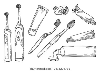 Set toothbrushes and toothpaste sketch. Dental hygiene. Hand drawn line art illustration.