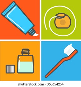 Set of toothcare things. Toothpaste, floss, mouthwash, toothbrush. Vector illustration