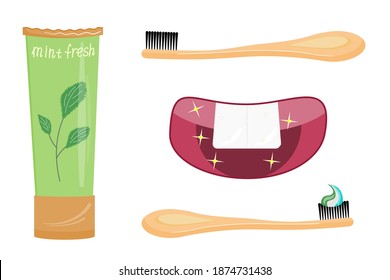 Conjunto de pasta de dientes y cepillo, boca limpia aislada sobre fondo blanco. La pasta de menta da frescura y limpieza a los dientes. Ilustración vectorial.