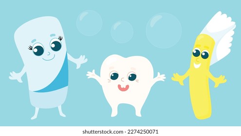Set of toothpaste, cheerful healthy children's tooth and toothbrush. Character design.