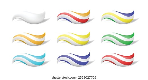 Un conjunto de iconos de pasta de dientes, ondas de color con tonos frescos que simbolizan pureza y frescura.