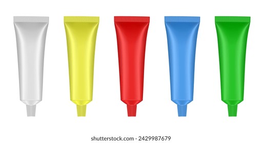 Set of toothpaste or ointment tubes. White, blue, green, yellow and red colors. Hand cream, mask or lotion. Acrylic paint