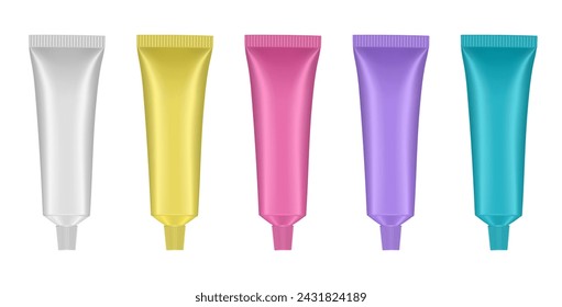 Set of toothpaste or ointment tubes. White, blue, violet, yellow and pink colors. Hand cream, mask or lotion. Acrylic paint	