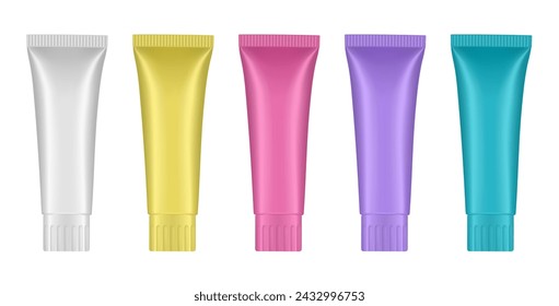 Set of toothpaste or ointment tubes. White, blue, violet, yellow and pink colors. Hand cream, mask or lotion. Acrylic paint	