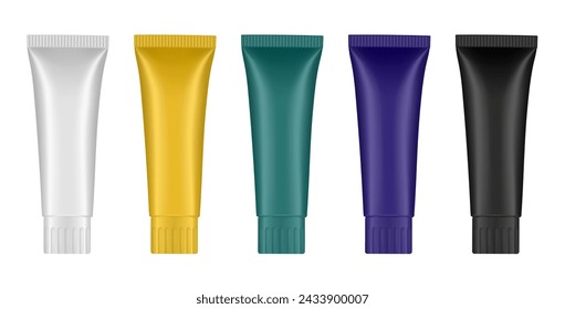 Set of toothpaste or ointment tubes. White, purple, green, gold and black colors. Hand cream, mask or lotion. Acrylic paint	
