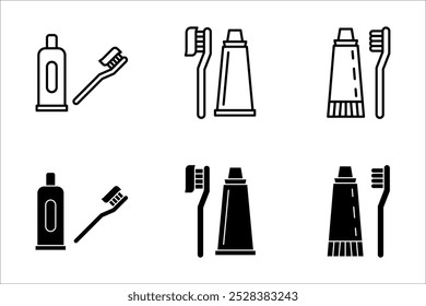 conjunto de iconos de pasta de dientes y cepillo de dientes, Ilustración vectorial de higiene dental aislada, símbolo de cuidado dental, sobre fondo blanco.