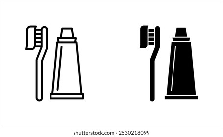 conjunto de ícones de pasta de dente e escova de dentes, ilustração vetor higiene dentária isolada, símbolo de cuidados dentários, em fundo branco.