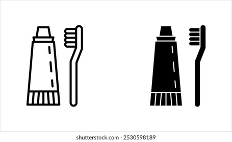 conjunto de iconos de pasta de dientes y cepillo de dientes, Ilustración vectorial de higiene dental aislada, símbolo de cuidado dental, sobre fondo blanco.