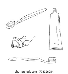 Set toothpaste and toothbrushes hand-drawn, sketch.