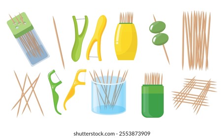  Set of toothpicks and flosses in cartoon style. Vector illustration of wooden toothpicks in packages, containers and without, dental floss - sticks, olives on a skewer, isolated on a white background