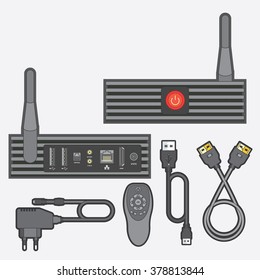 Set top box for media content and entertainment. Detailed illustration of the connection ports and plugs.