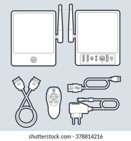 Set top box for media content and entertainment. Detailed illustration of the connection ports and plugs.