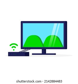 Set top box for television with green signal, cable connector, flat design illustration style, shadow, and white background. Perfect for element graphic in poster, flyer, and animation.