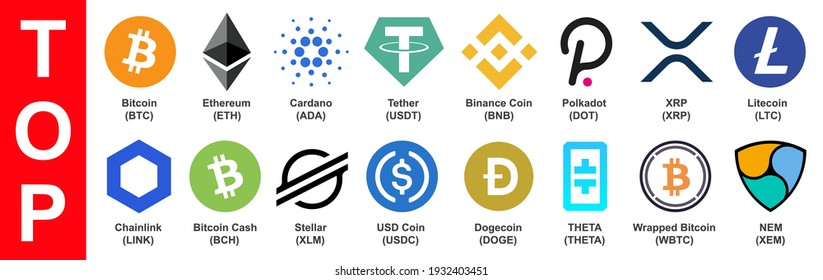 Set of top cryptocurrency tokens by capitalization in 2021 year, crypto currency blockchain assets logo set isolated - stock vector