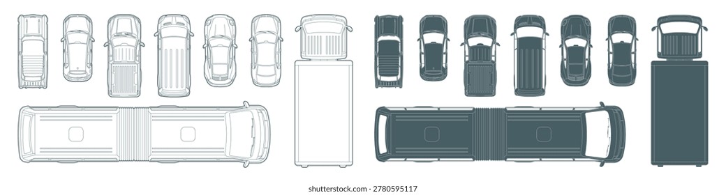 Set of top down view vehicles, cars, bus, and trucks in outline and silhouette styles for architecture elements map plan isolated on transparent background