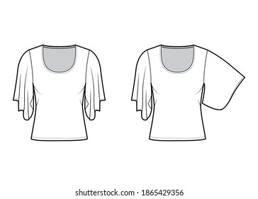 Set of Top with elbow kimono sleeves technical fashion illustration with relax fit, under waist length, round neckline. Flat blouse template front, white color. Women men unisex shirt CAD mockup