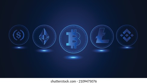 Set of top five cryptocurrency logo in futuristic style illustration vector. Bitcoin, ethereum, litecoin, binance coin and USDT coin  svg