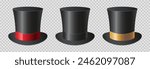 Set of top hat with black, gold and red silk ribbons.