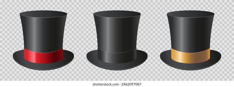 Set of top hat with black, gold and red silk ribbons.