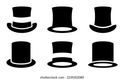 Set of top hat vector icons. Black silhouette with retro tophat. Classic retro top hat for gentleman. Vector 10 Eps.