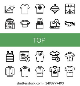 Set of top icons such as Achievement, Shirt, Tshirt, Tanktop, Spinning top, Quality, Swimwear, Small plane, Long sleeve, Reward, Polo shirt, Sleeveless shirt, T , top