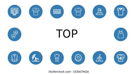 Set of top icons. Such as Scoreboard, Shirt, Valley rocks, Polo shirt, Long sleeve, Pendulum ride, Casual, Donut, Circus tent, T shirt, Shirts, Undershirt , top icons