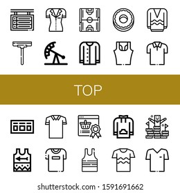 Set of top icons. Such as Scoreboard, Wiper, Shirt, Pendulum ride, Soccer field, Cardigan, Donut, Sleeveless shirt, Long sleeve, Polo shirt, Singlet, Tshirt, Reward , top icons