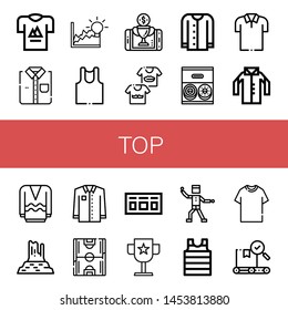 Set of top icons such as T shirt, Shirt, Achievement, Undershirt, Reward, Shirts, Cardigan, Donut, Polo shirt, Long sleeve, Valley rocks, Soccer field, Scoreboard, Award , top