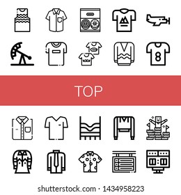 Set of top icons such as Tanktop, Pendulum ride, Shirt, Tshirt, Donut, Shirts, T shirt, Long sleeve, Small plane, Top, Sweatshirt, Scoreboard, Peak , top