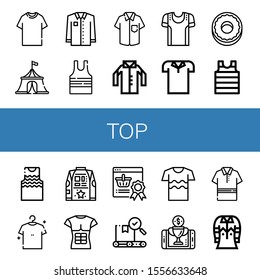 Set of top icons. Such as Tshirt, Circus tent, Shirt, Sleeveless shirt, Sport shirt, Polo, Donut, Tanktop, T Reward, Quality , top icons