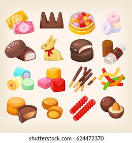 Set of top popular sweet desserts for halloween, easter, christmas. Chocolate bars, candies and other sweet food. Isolated vector illustrations