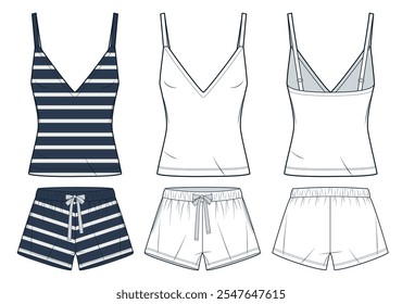 Conjunto de Top e Shorts ilustração de moda técnica, design listrado. Tanque Top, Esporte Shorts moda modelo de desenho técnico plano, frente e vista traseira, branco, azul, mulheres, homens, unisex CAD mockup.