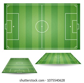 Set of top and side view of football fields. Textured soccer field. Green playground background. Vector stadium collection illustration.