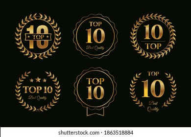 Set of top ten badges with golden gradient color design, various top 10 sign collection template vector