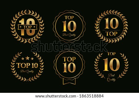 Set of top ten badges with golden gradient color design, various top 10 sign collection template vector