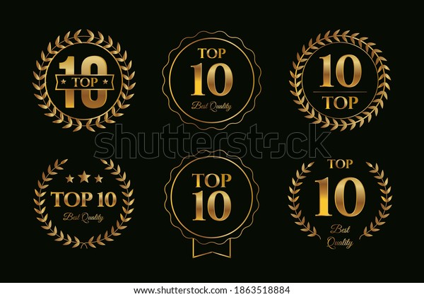 Set of top ten badges\
with golden gradient color design, various top 10 sign collection\
template vector