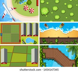 Set of top view aerial scenes in nature and outdoors illustration