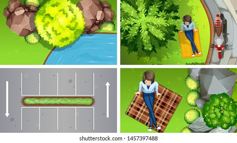 Set of top view aerial scenes in nature and outdoors illustration