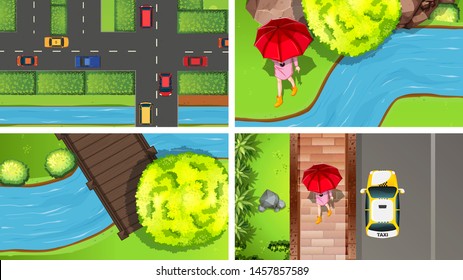 Set of top view aerial scenes in nature and outdoors illustration