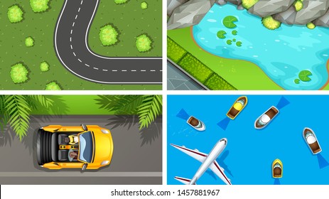 Set of top view aerial scenes in nature and outdoors illustration