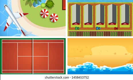 Set of top view aerial scenes in nature and outdoors illustration