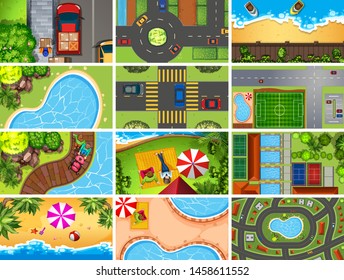 Set of top view aerial scenes in nature and outdoors illustration