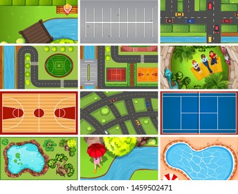 Set of top view aerial scenes in nature and outdoors illustration