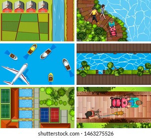 Set of top view aerial scenes in nature and outdoors illustration