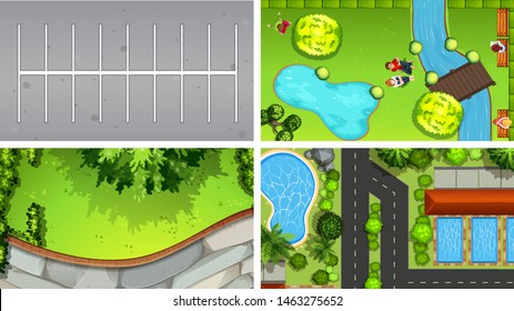 Set of top view aerial scenes in nature and outdoors illustration