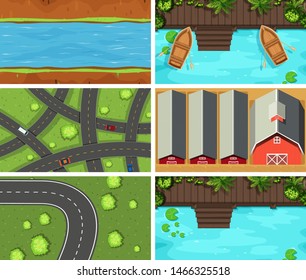 Set of top view aerial scenes in nature and outdoors illustration