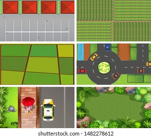 Set of top view aerial scenes in nature and outdoors illustration